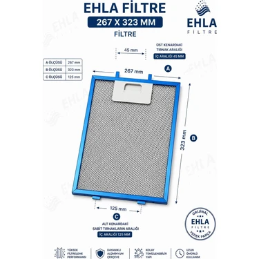 Ehla Filtre Ehla 26,7 x 32,3 cm Davlumbaz Filtresi Luxell,Kumtel DP6 Model Üst Düzey Yağ Tutma