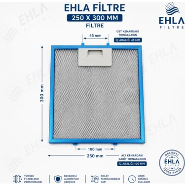 Ehla Filtre Arçelik Uyumlu Alt Üst Çift Tırnaklı 25X30 Alt Tırnak ARASI10 Cm. Davlumbaz