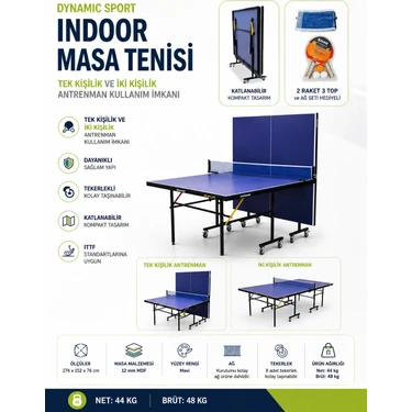 Dynamic Sport 12mm Katlanabilir Masa Tenisi Masası – 2 Raket 3 Top ve Ağ & Demir Set