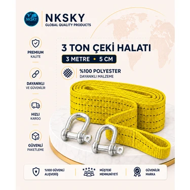 Nksky 3 Ton Araç Çekme Halatı 3 Metre 5 cm Genişlik Güçlendirilmiş Uçlu Oto Çeki