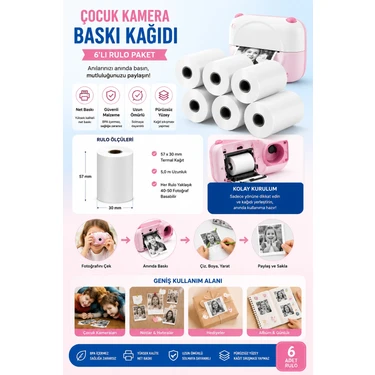 Vothoon Çocuk Fotoğraf Makinesi Yedek Termal Baskı Kağıdı (6'lı Rulo) –