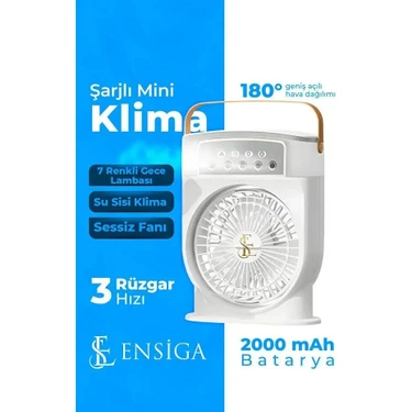 Ensiga Şarjlı Mini Klima 5 W Güçte Sessiz Masaüstü Fanı Su Sisi Özelliği ile Taşınabilir