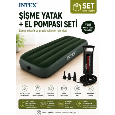 intex 64106 Yeni Koyu Yeşil Tek Kişilik Şişme Yatak + Double Quick El Pompası