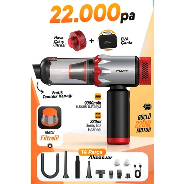 Matt MCV22 Şarjlı Araç Süpürgesi Kırmızı 22.000PA Güçlü Vakumlu Mini El Süpürgesi Type-C Şarjlı