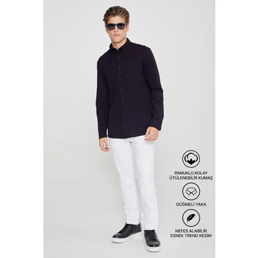 Altınyıldız Classics Erkek Siyah Nefes Alabilir Esnek Pamuklu Tailored Slim Fit Dar Kesim Düğmeli