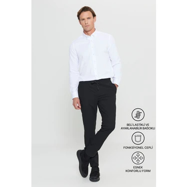 Altınyıldız Classics Erkek Siyah Diz İzi Yapmayan Beli Bağlamalı Yan Cepli Jogger Pantolon Slim Fit