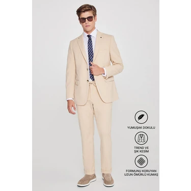 Altınyıldız Classics Erkek Bej Slim Fit Dar Kesim Mono Yaka Beli Bağlamalı Kapak Cepli Esnek Takım