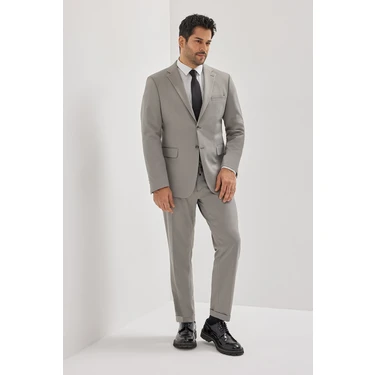 Altınyıldız Classics Erkek Gri Slim Fit Dar Kesim Mono Yaka Beli Bağlamalı Kapak Cepli Esnek Takım