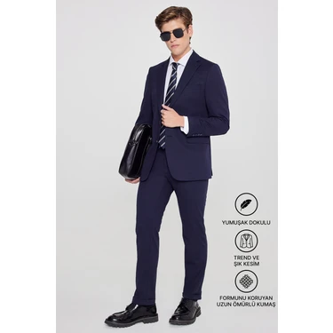Altınyıldız Classics Erkek Lacivert Slim Fit Dar Kesim Mono Yaka Beli Bağlamalı Kapak Cepli Esnek
