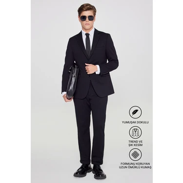 Altınyıldız Classics Erkek Siyah Slim Fit Dar Kesim Mono Yaka Beli Bağlamalı Kapak Cepli Esnek