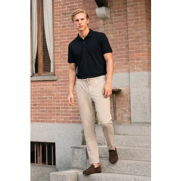 Altınyıldız Classics Erkek Bej Diz İzi Yapmayan Beli Bağlamalı Yan Cepli Jogger Pantolon Slim Fit
