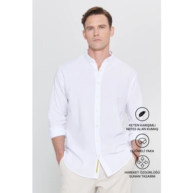 Altınyıldız Classics Erkek Beyaz Keten Comfort Fit Rahat Kesim Düğmeli Yaka Casual