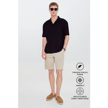 Altınyıldız Classics Erkek Siyah-Siyah Pamuklu Comfort Fit Rahat Kesim Hawai Yaka Armürlü Örme
