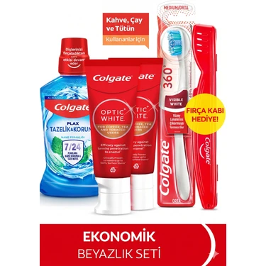 Colgate Optic White Kahve, Çay Kullananlar 50Ml 2'Li Diş Macunu, Orta Diş Fırçası, Ağız Bakım Suyu