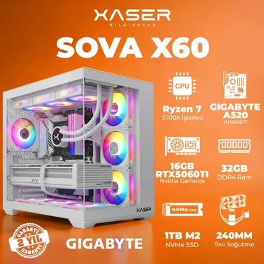 Xaser SOVAX60 Ryzen 7 5700X 32GB Ram 1tb M.2 Nvme SSD 16GB RTX5060TI Sıvı Soğutmalı Masaüstü Oyuncu