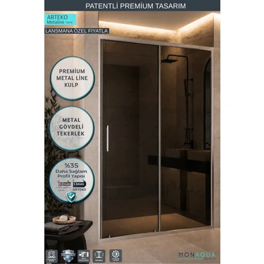 MONAQUA Arteko Metaline 1 Sabit 1 Kayar Duşakabin - Parlak Profil 5mm Temperli Füme