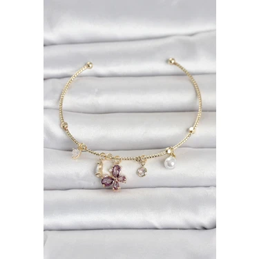 Uravas Store Pirinç Gold Renk Mor Kelebek Detaylı Charmlı Kadın