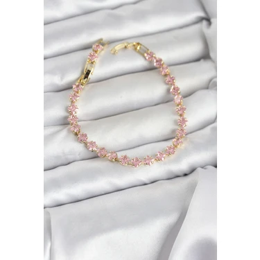 Uravas Store Pembe Kare Zirkon Taşlı Gold Renk Pirinç Su Yolu Kadın