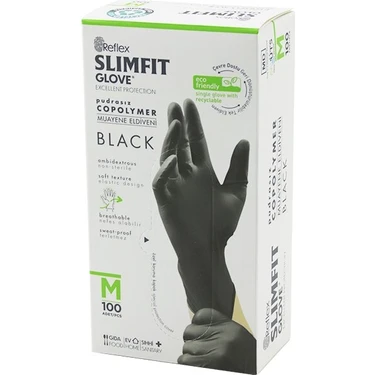 İlanib Ticaret Reflex Slimfit Glove KOD-032 M Siyah Pudrasız Muayene Eldiven 100LÜ