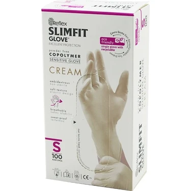 İlanib Ticaret Reflex Slimfit Glove KOD-030 S Krem Pudrasız Muayene Eldiven 100LÜ