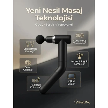 Smayling Saplı Isıtmalı ve Soğuk Başlıklı Şarjlı Masaj Tabancası – 6 Kademeli, Dijital Ekranlı,
