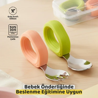 Guqqo Bebek Çatal Kaşık Seti, Paslanmaz Çelik, Silikon Saplı, Pudra