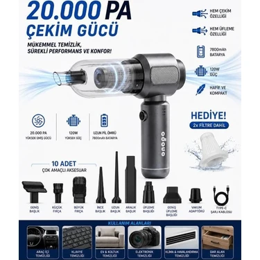Onopo Power 20000PA 3’ü 1 Arada Şarjlı El Süpürgesi – Yüksek Emiş Gücü, Uzun Çalışma