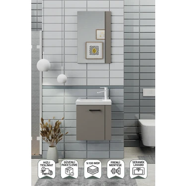Biani Minila 45 cm Banyo Dolabı,Seramik Lavabolu, Aynalı,Lavabo
