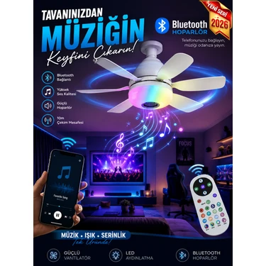 Bluetooth Müzikli Akıllı Rgb Renkli LED Işık Sessiz Motor Gece Modlu 6 Kanat Tavan
