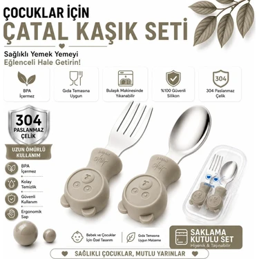 Jojobebek Gri Renk Ayıcık Figürlü Premium Çocuk BPA Free Silikon Sap Paslanmaz Çelik Uçlu