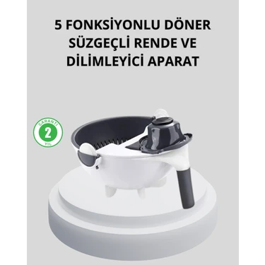 5 Fonksiyonlu Döner Rende Süzgeçli Çok Amaçlı Sebze Doğrayıcı Kaymaz Tabanlı -