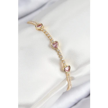 Renas Store Pirinç Zirkon Taşlı Pembe Model Gold Renk Kadın