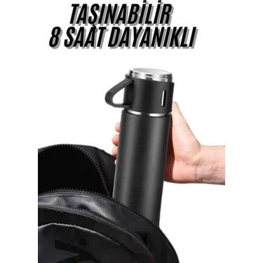 Renas Store Termos Seti 3'lü Bardak Seti Isı Dayanıklı Siyah Paslanmaz Çelik