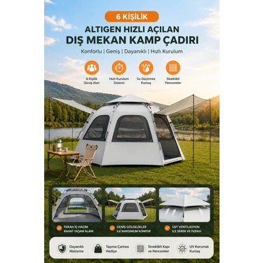 Penthouse Altıgen Hızlı Açılan Kamp Çadırı 4-6 Kişilik 300X300X170 cm Oxford Kumaş Su Geçirmez