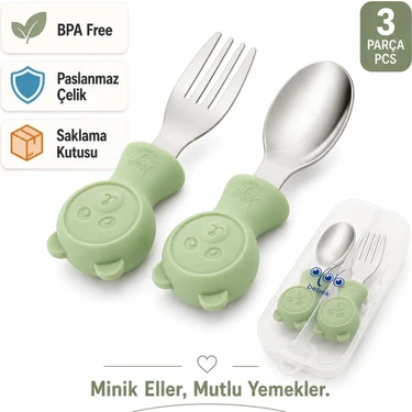 Jojobebek Yeşil Renk Ayıcık Figürlü Premium Çocuk BPA Free Silikon Sap Paslanmaz Çelik Uçlu