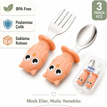 Jojobebek  Baykuş Figürlü Premium Çocuk Bpa Free Silikon Sap Paslanmaz Çelik Uçlu Çatal-Kaşık Set