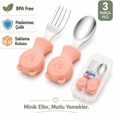 Jojobebek Pembe Renk Ayıcık Figürlü Premium Çocuk BPA Free Silikon Sap Paslanmaz Çelik Uçlu