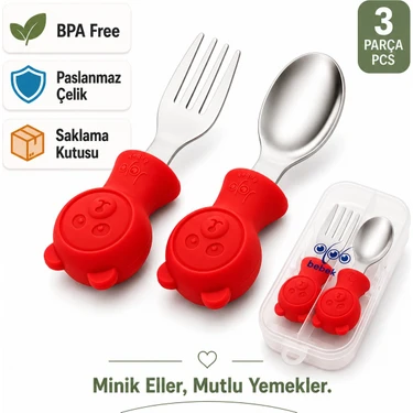 Jojobebek Kırmızı Renk Ayıcık Figürlü Premium Çocuk BPA Free Silikon Sap Paslanmaz Çelik Uçlu