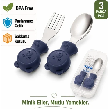 Jojobebek Lacivert Renk Ayıcık Figürlü Premium Çocuk BPA Free Silikon Sap Paslanmaz Çelik Uçlu