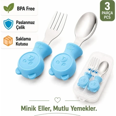 Jojobebek Ayıcık Figürlü Premium Çocuk Bpa'sız Silikon Saplı Paslanmaz Çelik Uçlu
