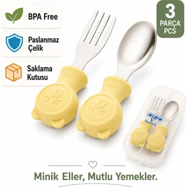 Jojobebek Sarı Renk Ayıcık Figürlü Premium Çocuk BPA Free Silikon Sap Paslanmaz Çelik Uçlu