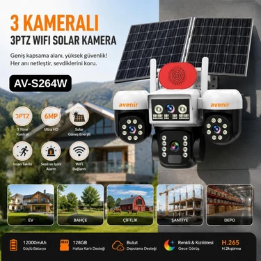 Avenir Krntekno  3 Kameralı 3ptz Wifi Solar Güvenlik Kamerası Çift Güneş