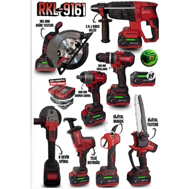 Retools RKL-9161 8’li Şarjlı Set – Tilki Kuyruğu, Daire Testere, Dal Budama Makası ve