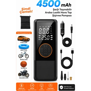 4500 Mah Şarjlı Taşınabilir Araba Lastik Hava Top Şişirme Pompası LED Işıklı Dijital Hava
