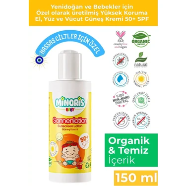 Minoris Baby Organik SPF 50 Güneş Kremi 165 gr – Tüm Cilt Tipleri İçin Yüksek UVA/UVB Koruma ve