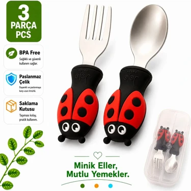 Jojobebek Uğurböceği Premium Çocuk Bpa'sız Silikon Saplı Paslanmaz Çelik Uçlu Çatal-Kaşık/saklama