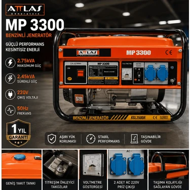 Attlas MP3300 2.75KVA Benzinli Jeneratör 220V Ipli
