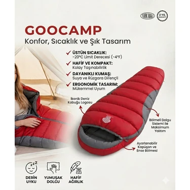 Goocamp Kırmızı -14,3° Mumya Tipi Uyku Tulumu