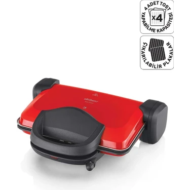 Arzum AR2007 Sultane 1800W 4 Dilim Kapasiteli Izgara ve Tost Makinesi, 180° Açılır Gövde,