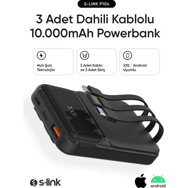 S-Link P104 10000MAH Prm Dahili Kablolu HSC22.5W+PD20W Siyah LCD